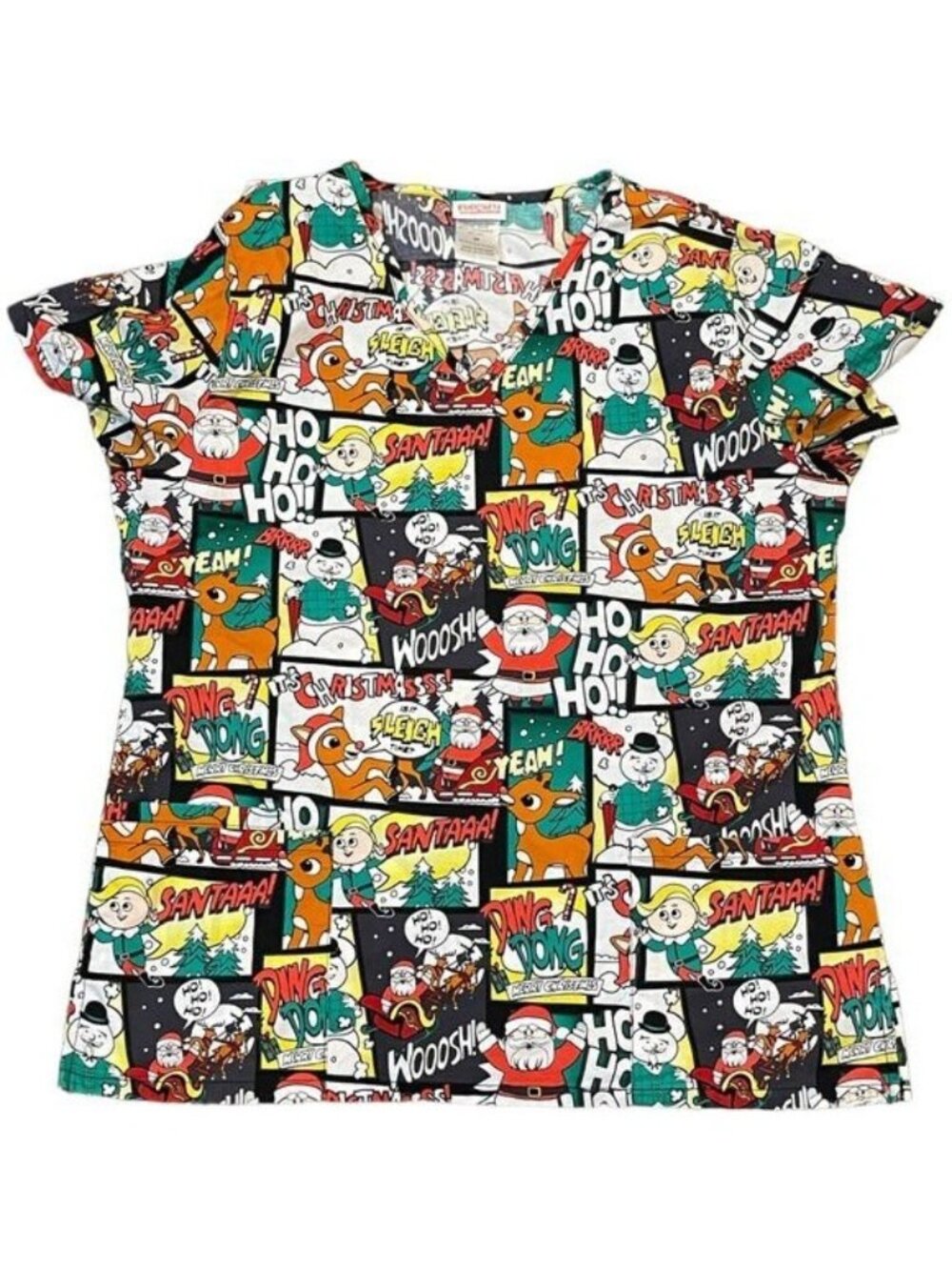 Rudolph Red Nosed Reindeer Christmas Comic Strip Scrub Top V-Neck Medical Size M